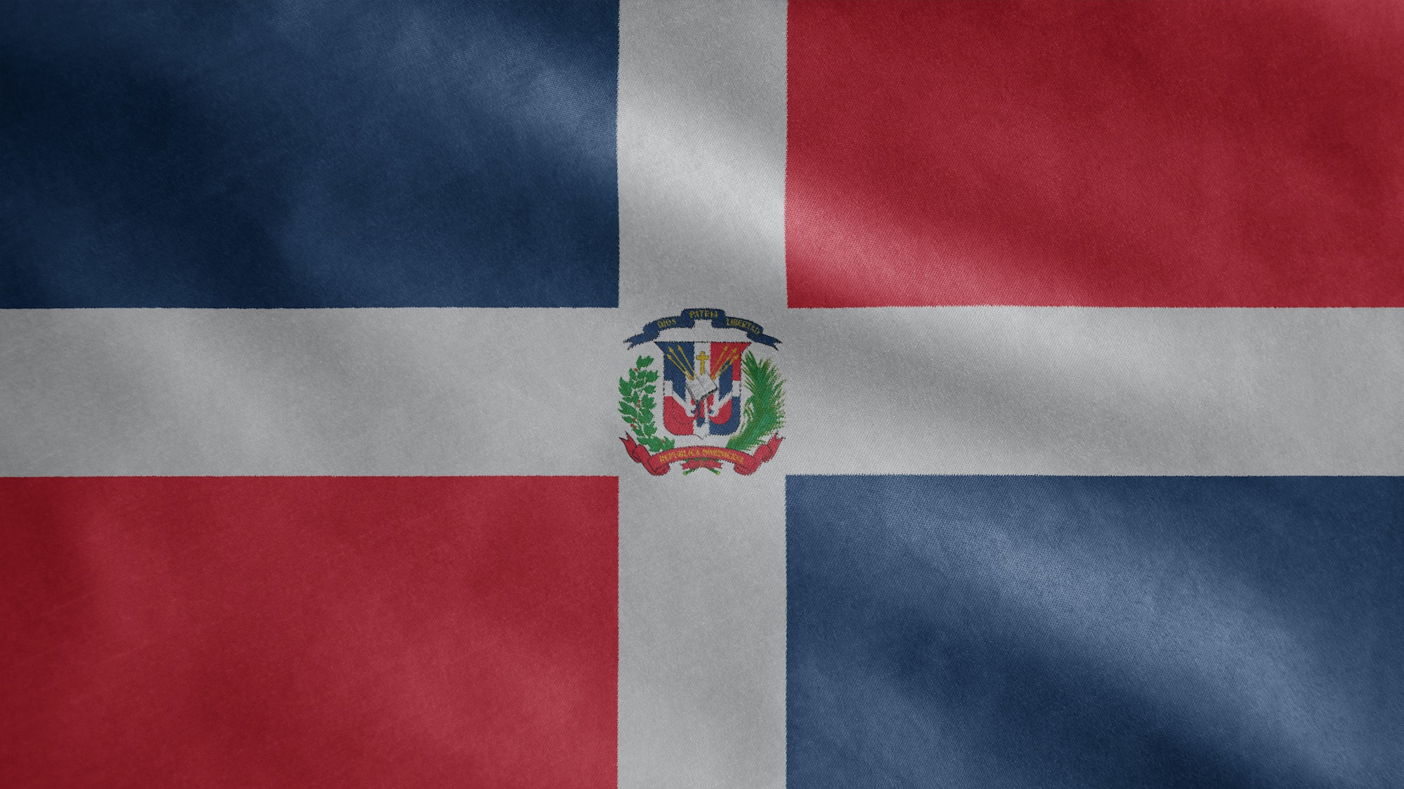 Dominicana flag waving on wind. Dominican Republic banner blowing soft silk.